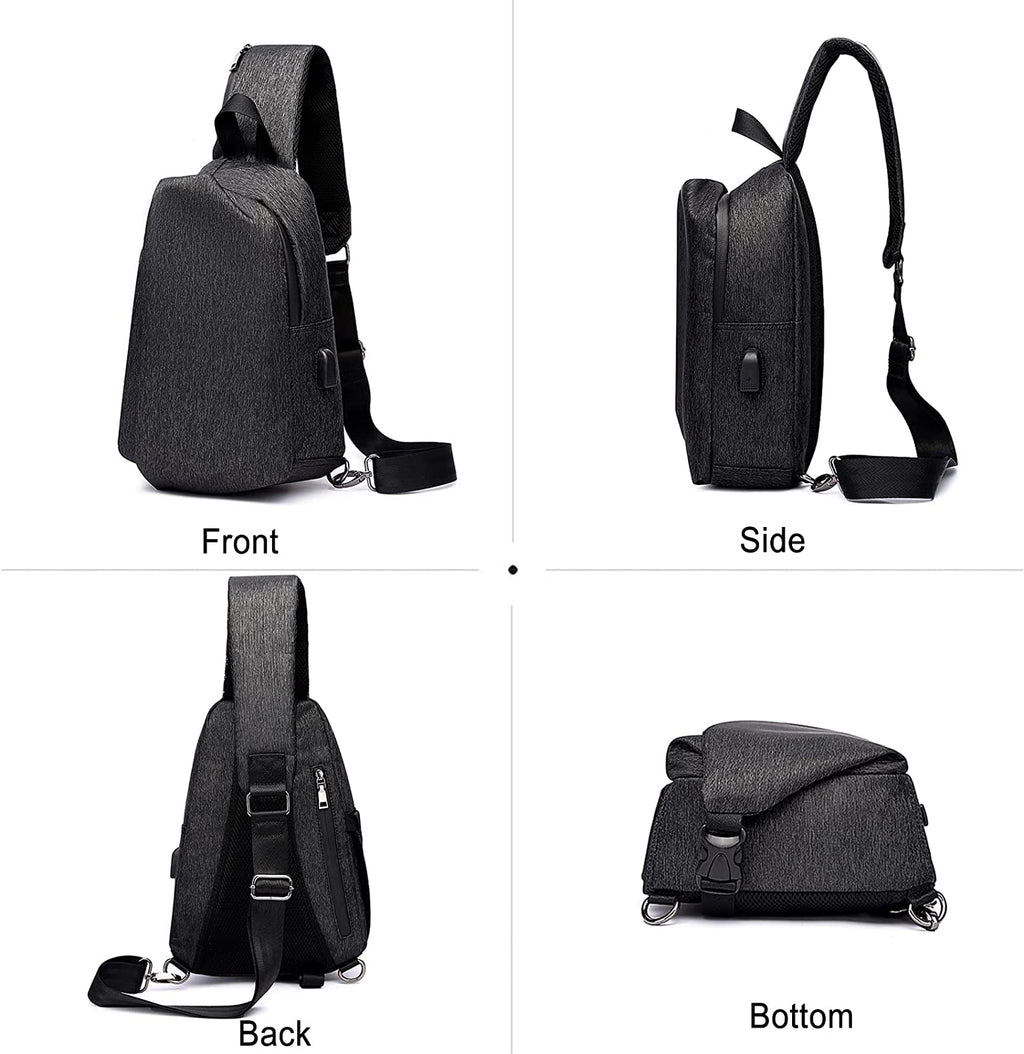 Casual Sling Chest Bag Men Business Shoulder Crossbody Backpack with USB Charging Port Large Casual Daypack for Outdoor Travel Work Hiking Running Indoor Activities Waterproof Nylon Black