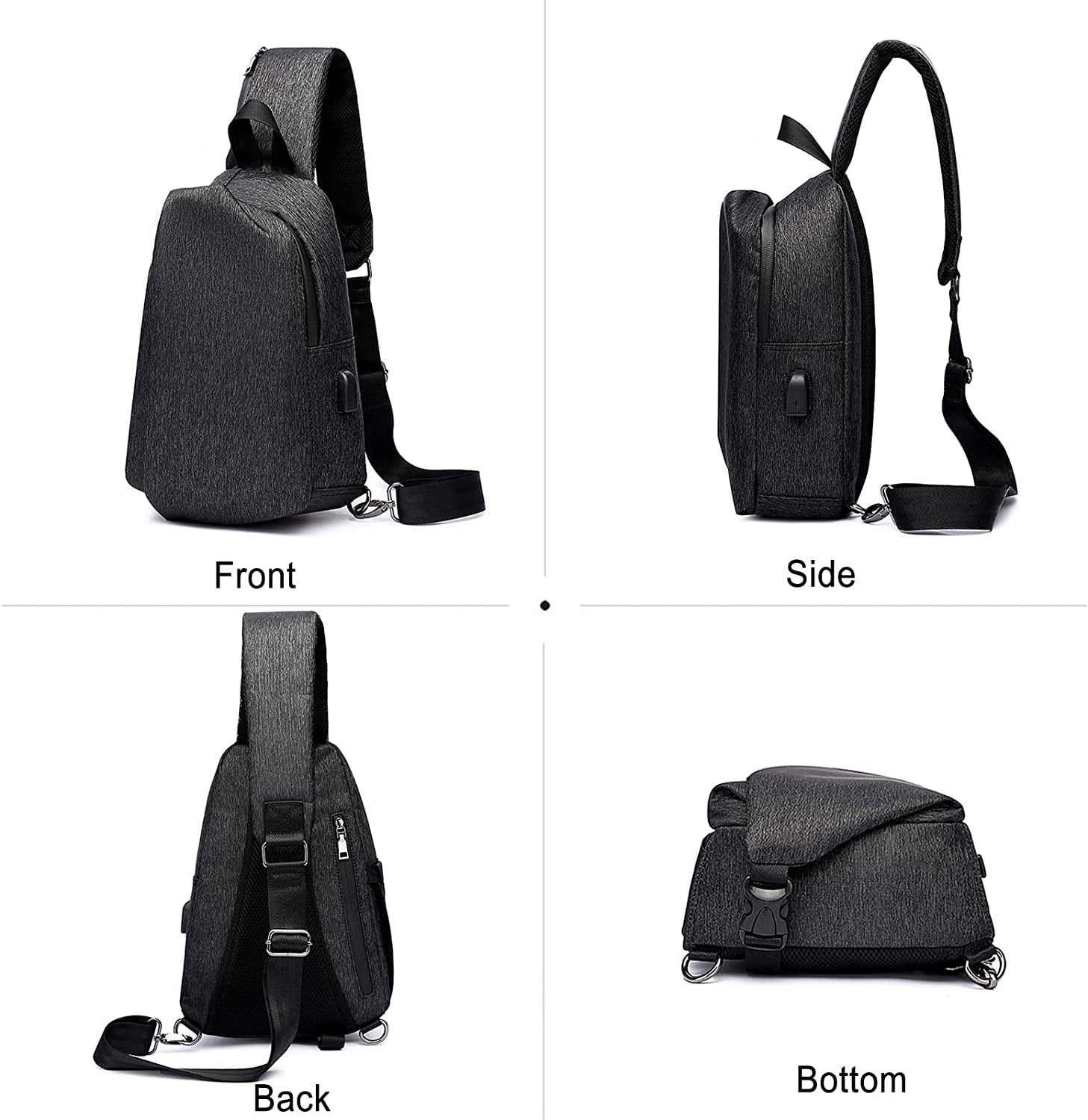 Casual Sling Chest Bag Men Business Shoulder Crossbody Backpack with USB Charging Port Large Casual Daypack for Outdoor Travel Work Hiking Running Indoor Activities Waterproof Nylon Black