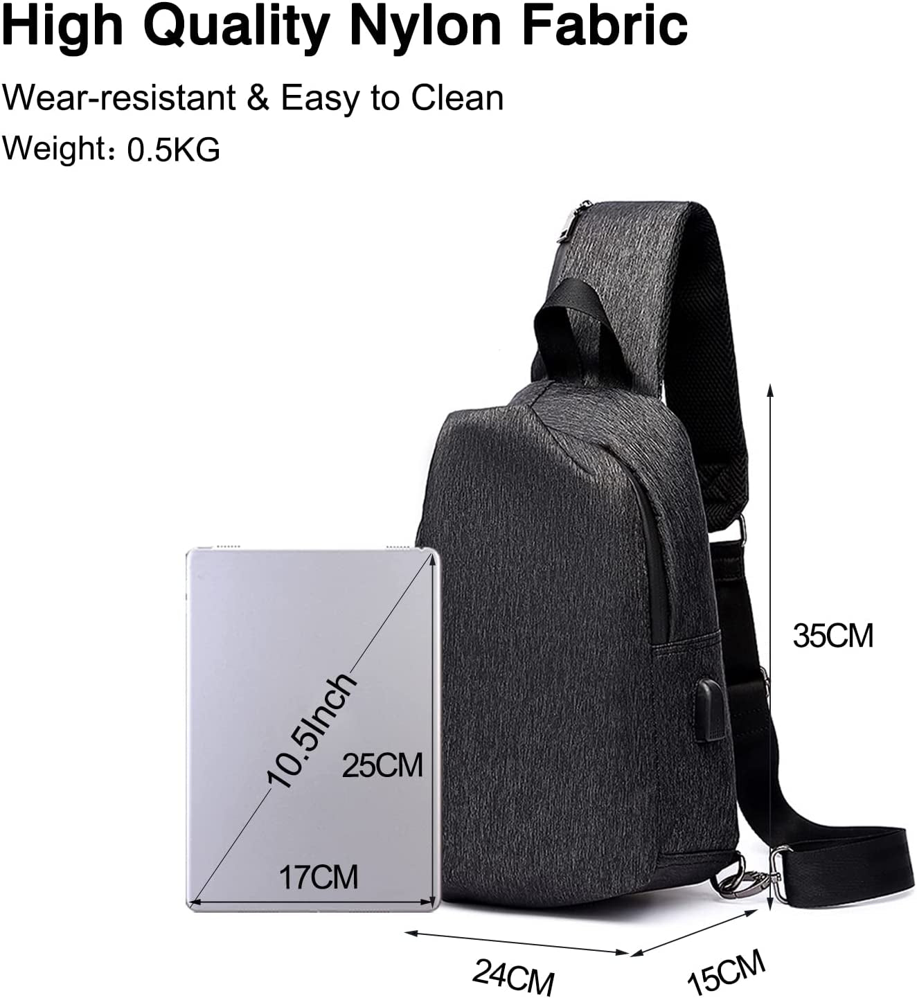 Casual Sling Chest Bag Men Business Shoulder Crossbody Backpack with USB Charging Port Large Casual Daypack for Outdoor Travel Work Hiking Running Indoor Activities Waterproof Nylon Black