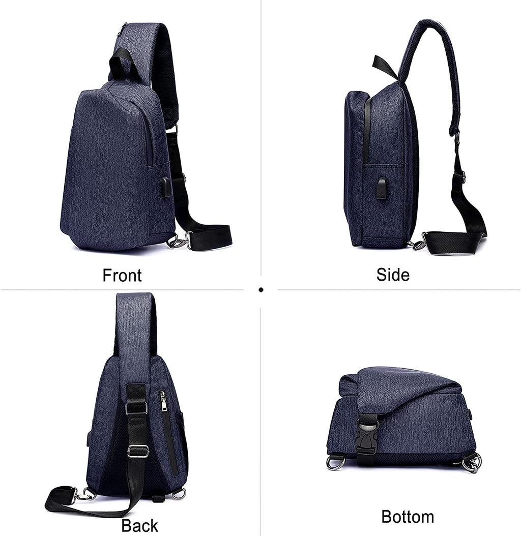 Casual Sling Chest Bag Men Business Shoulder Crossbody Backpack with USB Charging Port Large Casual Daypack for Outdoor Travel Work Hiking Running Indoor Activities Waterproof Nylon Dark Blue