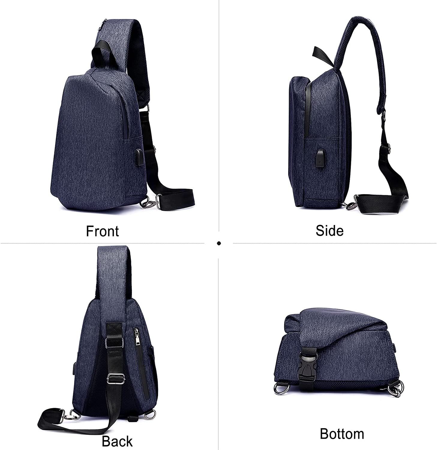 Casual Sling Chest Bag Men Business Shoulder Crossbody Backpack with USB Charging Port Large Casual Daypack for Outdoor Travel Work Hiking Running Indoor Activities Waterproof Nylon Dark Blue