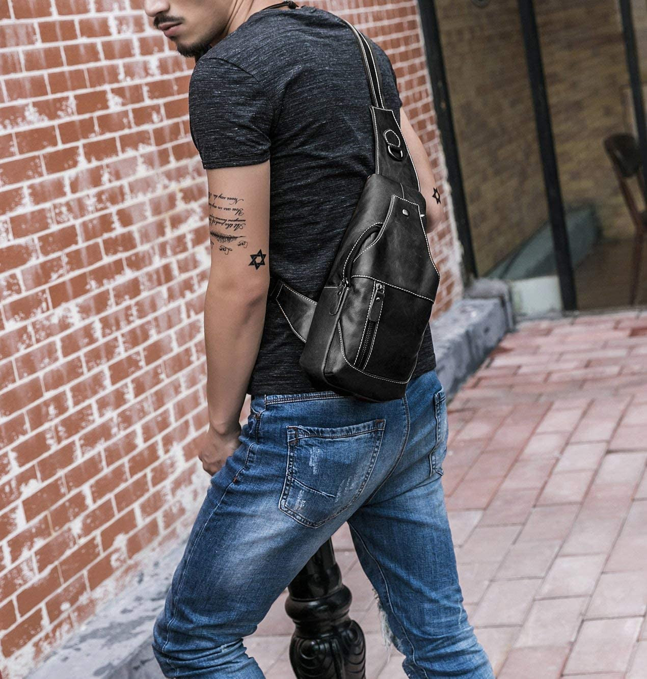 Men'S Sling Bag Genuine Leather Bags for Men Crossbody Bag Chest Shoulder Backpack Vintage Water Resistant