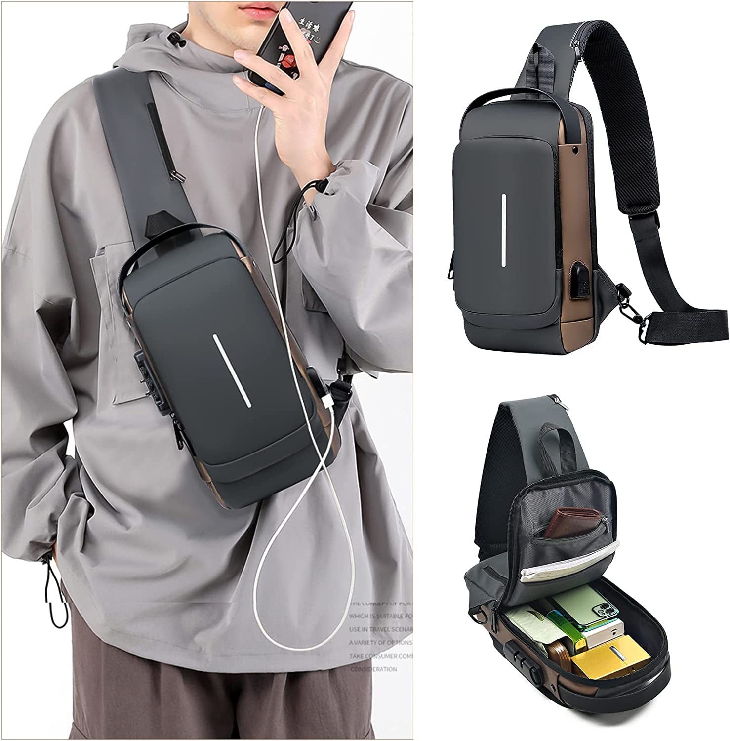 Aucuu Shoulder Bags Chest Bags, Usb Rechargeable Password Bag Sling Bags, Crossbody Daypacks Small Backpacks, Anti-Theft Waterproof Lightweight One Strap Rucksack Messenger Bags for Hiking