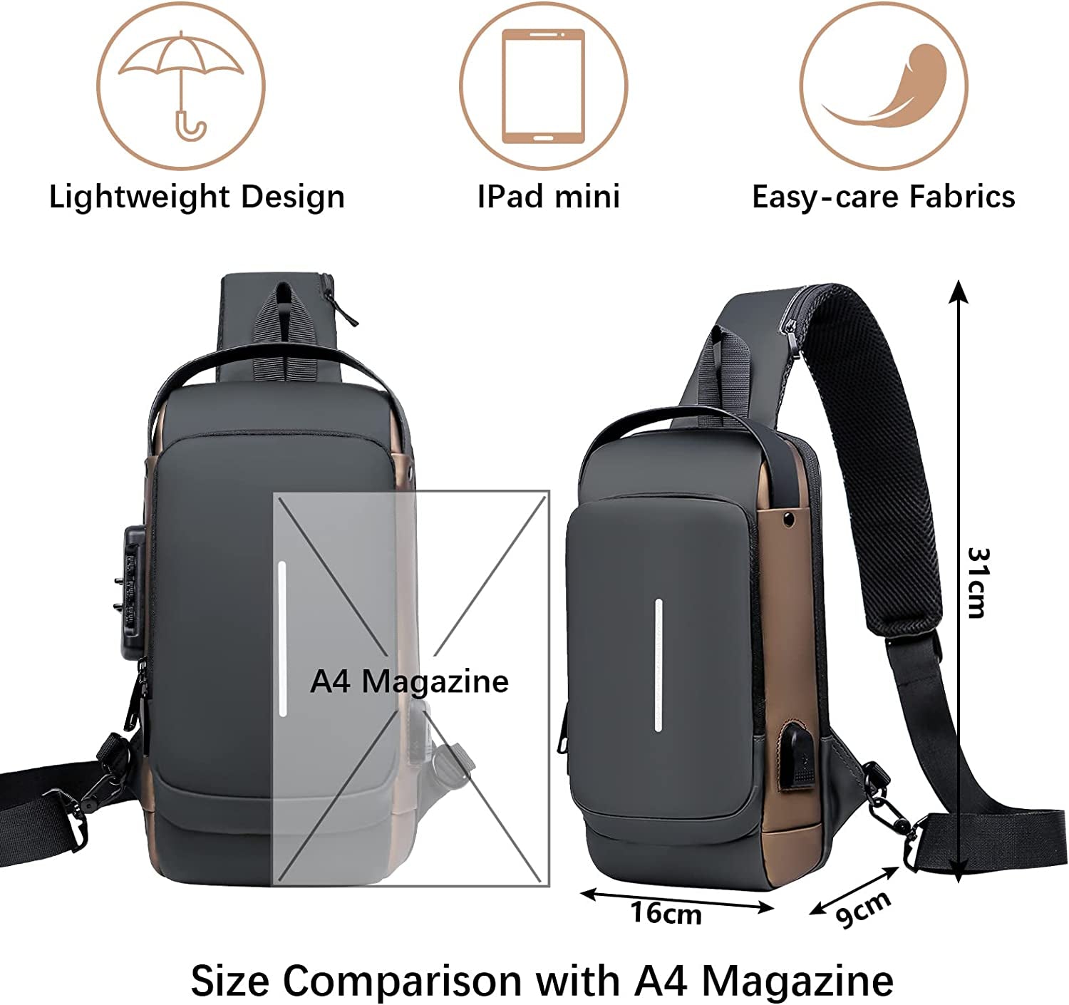 Aucuu Shoulder Bags Chest Bags, Usb Rechargeable Password Bag Sling Bags, Crossbody Daypacks Small Backpacks, Anti-Theft Waterproof Lightweight One Strap Rucksack Messenger Bags for Hiking