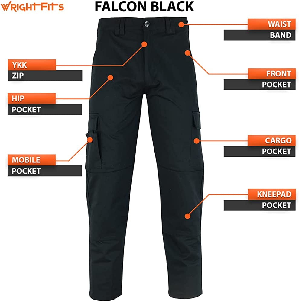 Men Falcon Work Trousers - Black & Navy - Heavy Duty Safety Combat Cargo Pants - Cargo & Knee Pads Pockets Triple Stitched - Durable Workwear