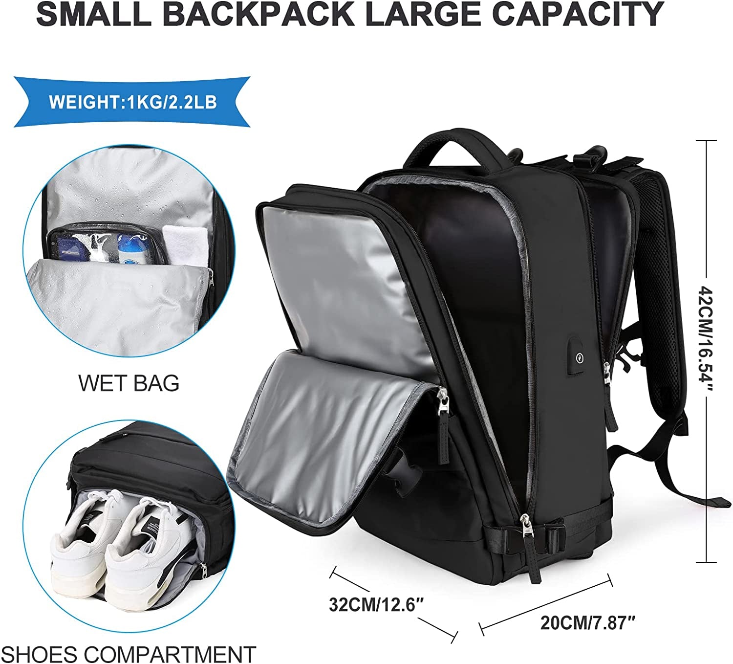 Large Travel Backpack Women, Carry on Backpack Men,Hiking Backpack Waterproof Outdoor Sports Rucksack Casual Daypack School Bag Fit 14 Inch Laptop with USB Charging Port Shoes Compartment