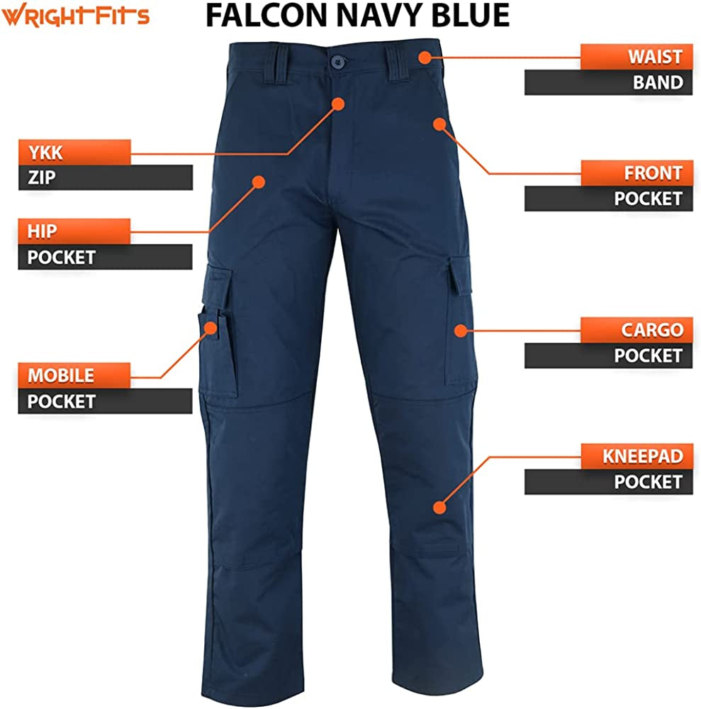 Men Falcon Work Trousers - Black & Navy - Heavy Duty Safety Combat Cargo Pants - Cargo & Knee Pads Pockets Triple Stitched - Durable Workwear