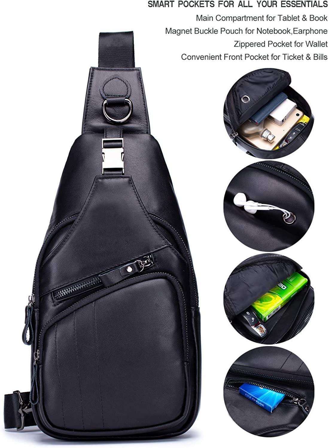 Men'S Sling Bag Genuine Leather Bags for Men Crossbody Bag Chest Shoulder Backpack Vintage Water Resistant