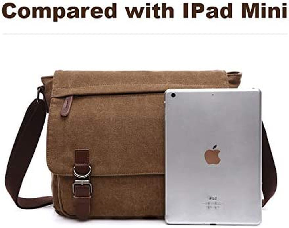 Messenger Shoulder Bag for Men Canvas Laptop Casual Day Bag Cross-Body Briefcase Schoolbag (Brown, L)