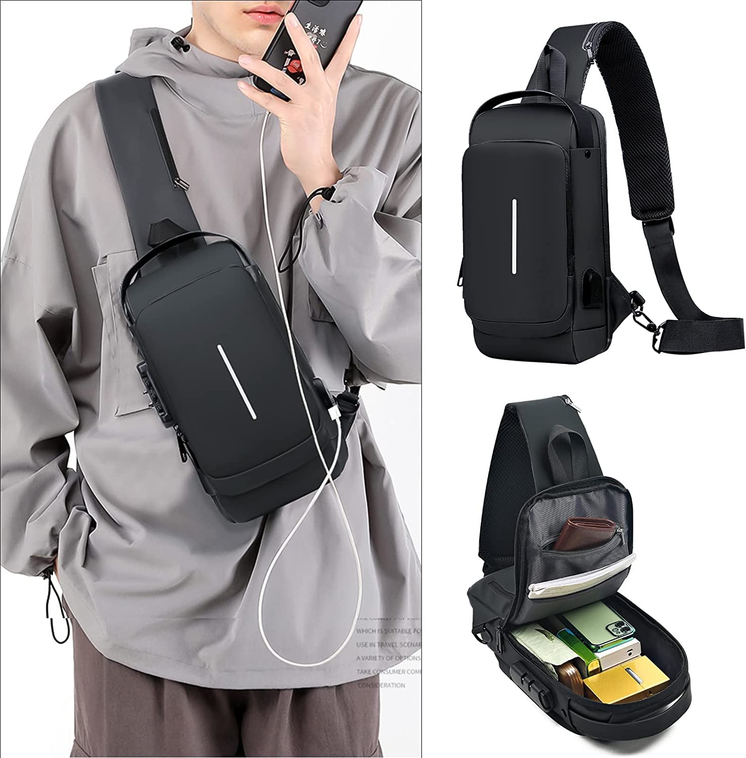 Aucuu Shoulder Bags Chest Bags, Usb Rechargeable Password Bag Sling Bags, Crossbody Daypacks Small Backpacks, Anti-Theft Waterproof Lightweight One Strap Rucksack Messenger Bags for Hiking