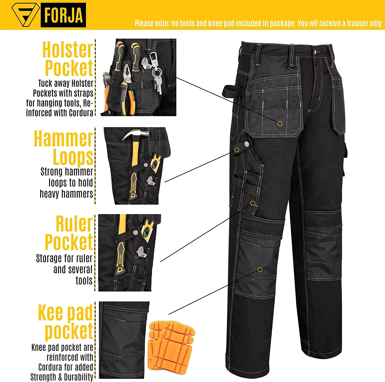 Work Trousers Men Multi Pockets Work Utility & Safety Trousers with Holster and Knee Pad Pockets Ideal Work Pant for Site Work Builders Electricians Gardening Workwear Trouser Men