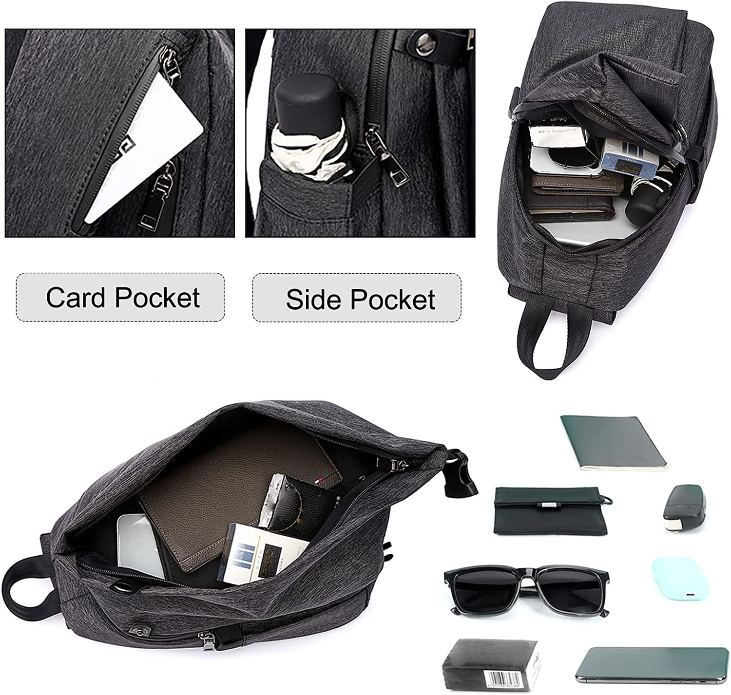 Casual Sling Chest Bag Men Business Shoulder Crossbody Backpack with USB Charging Port Large Casual Daypack for Outdoor Travel Work Hiking Running Indoor Activities Waterproof Nylon Black
