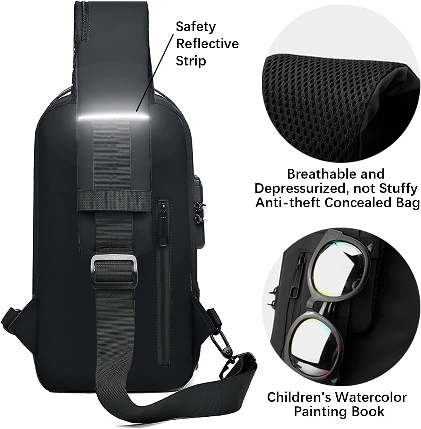 Aucuu Shoulder Bags Chest Bags, Usb Rechargeable Password Bag Sling Bags, Crossbody Daypacks Small Backpacks, Anti-Theft Waterproof Lightweight One Strap Rucksack Messenger Bags for Hiking