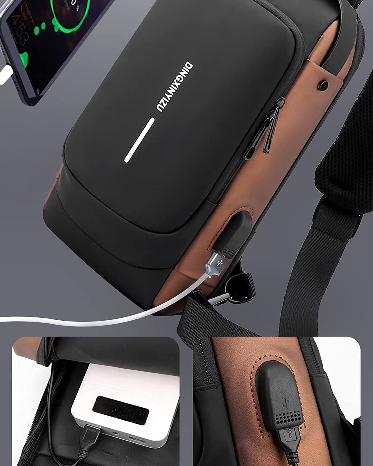 HAN-LBG Sling Bags for Men Women, Waterproof Chest Bag with USB Charging Port Anti-Theft Password Lock Crossbody Backpack Small Flex Shoulder Pack for Hiking Cycling Runningtravel