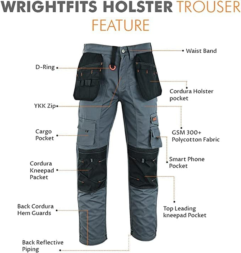 Men Holster Work Trousers Black - Heavy Duty Safety Combat Cargo Pants - Multi Pockets - Knee Pad Pockets - Triple Stitched - Durable Workwear