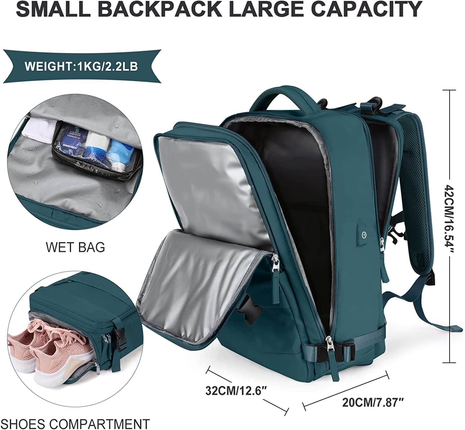 Large Travel Backpack Women, Carry on Backpack Men,Hiking Backpack Waterproof Outdoor Sports Rucksack Casual Daypack School Bag Fit 14 Inch Laptop with USB Charging Port Shoes Compartment